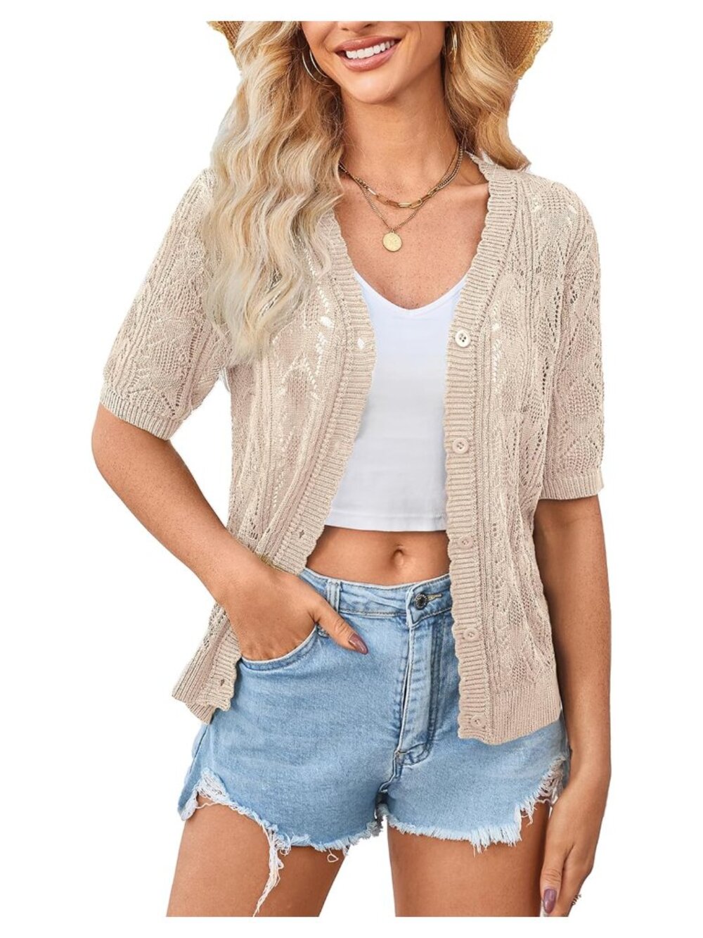 Crochet Short Sleeve V-Neck Cardigan Sweater Lightweight Summer Shrug